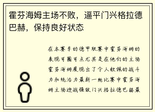 霍芬海姆主场不败，逼平门兴格拉德巴赫，保持良好状态